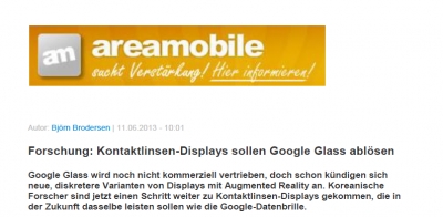 'Forschung: Kontaktlinsen-Displays sollen Google Glass ablosen' (독일 'Areamobile'에 소개)	 